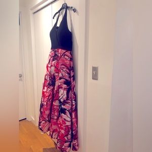 Aiden Mattox halter neck black and pink ball gown floor length satin dress